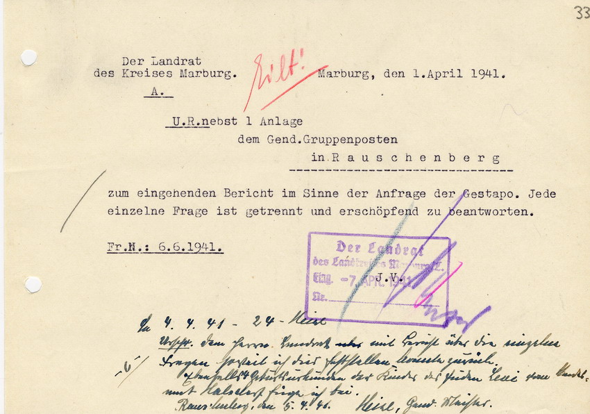 Staatspolizeistelle Kassel an den Landrat in Marburg. Persönliche Datenerfassung des ehemaligen jüdischen Lehrers und Emigranten Levi Kaufmann, Halsdorf betreffend Aberkennung der deutschen Staatsbürgerschaft, Kassel 26. März 1941