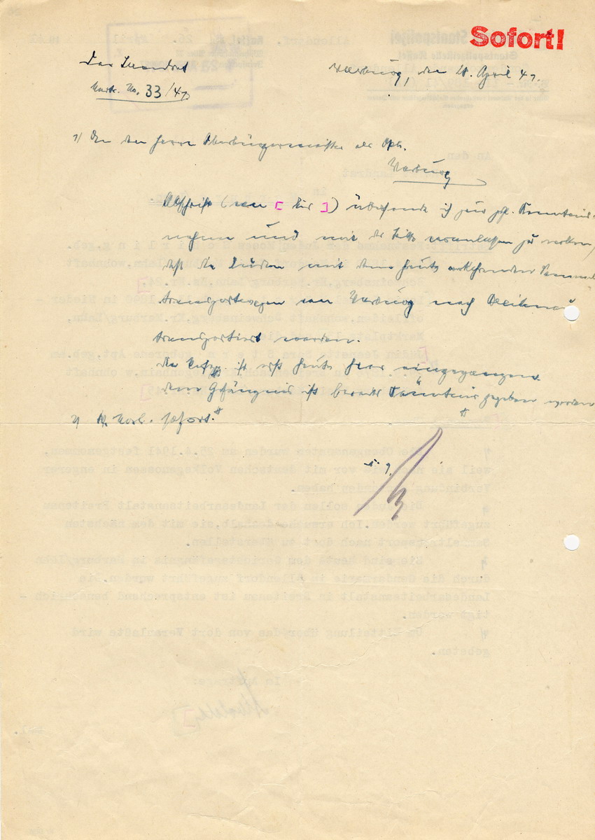 Staatspolizeistelle Kassel an den Landrat in Marburg betreffend Festnahme und Zuführung dreier Juden in die Landesarbeitsanstalt Breitenau. Kassel, 26. April 1941