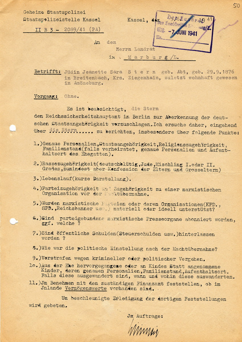 Staatspolizeistelle Kassel an den Landrat in Marburg. Persönliche Datenerfassung der Jüdin Jeanette Sara Stern, Breitenbach/Amöneburg. Schreiben betreffend Vorschlag zur Aberkennung der deutschen Staatsbürgerschaft. Kassel, 05. Juni 1941