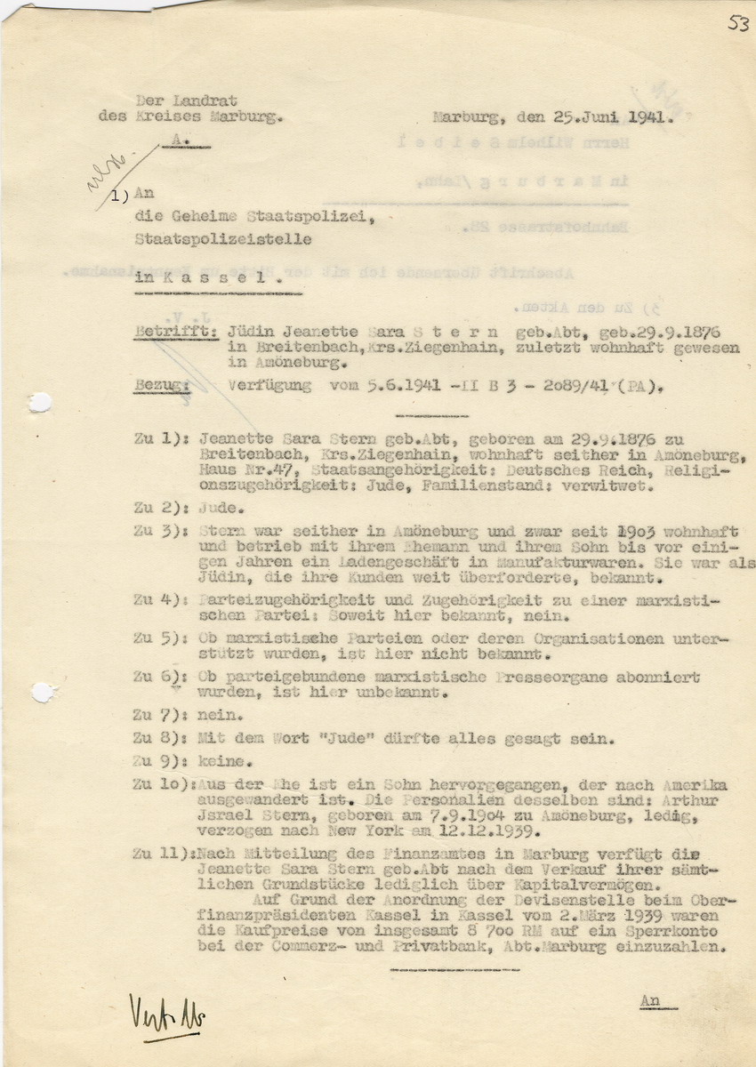 Staatspolizeistelle Kassel an den Landrat in Marburg. Persönliche Datenerfassung der Jüdin Jeanette Sara Stern, Breitenbach/Amöneburg. Schreiben betreffend Vorschlag zur Aberkennung der deutschen Staatsbürgerschaft. Kassel, 05. Juni 1941