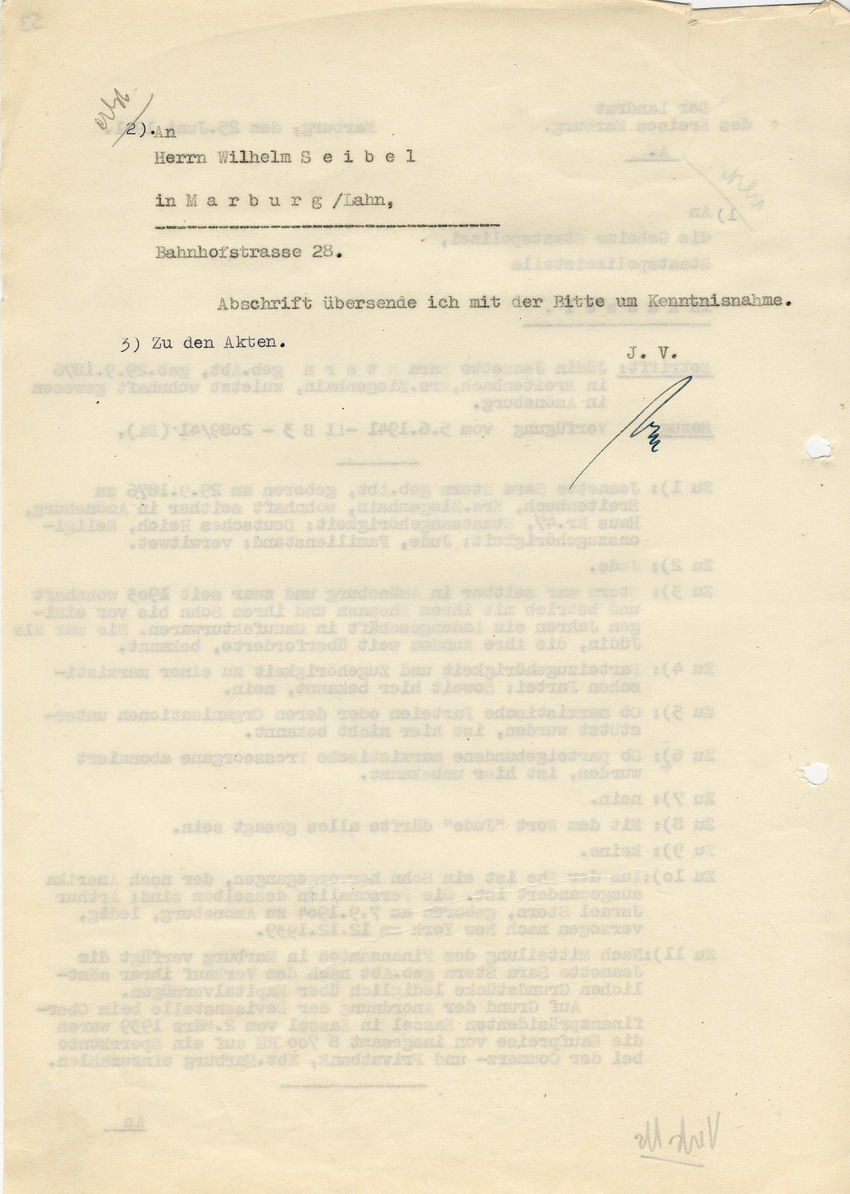 Staatspolizeistelle Kassel an den Landrat in Marburg. Persönliche Datenerfassung der Jüdin Jeanette Sara Stern, Breitenbach/Amöneburg. Schreiben betreffend Vorschlag zur Aberkennung der deutschen Staatsbürgerschaft. Kassel, 05. Juni 1941