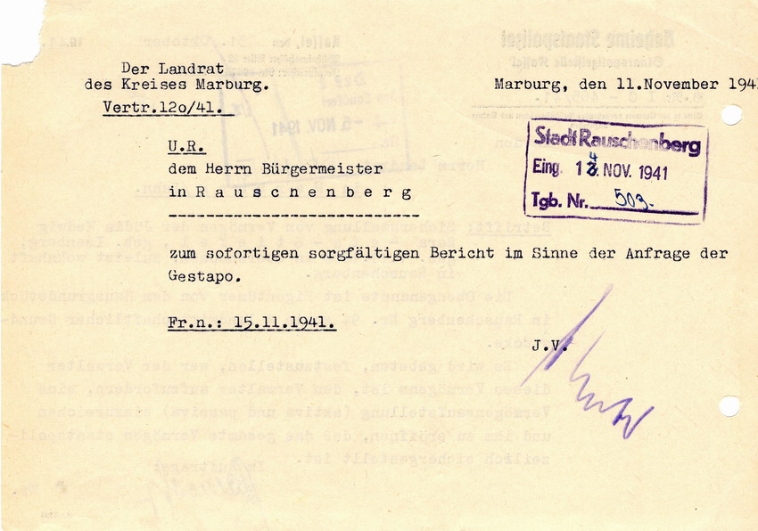 Geheime Staatspolizei, Staatspolizeistelle Kassel an den Landrat in Marburg betreffend "staatspolizeiliche Sicherstellung" des Vermögens der Jüdin Hedwig Sara Katz-Stiefel, Sterzhausen. Kassel, 31. Oktober 1941