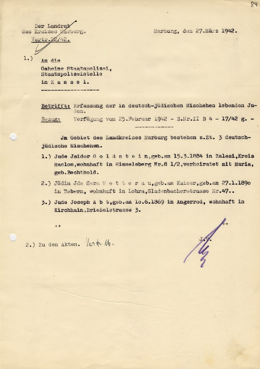 Geheime Staatspolizei, Staatspolizeistelle Kassel an die Landräte des Bezirks, sowie Oberbürgermeister, StaPo u.a. betreffend deutsch-jüdischen Mischehen, Kassel, 25. Februar 1942