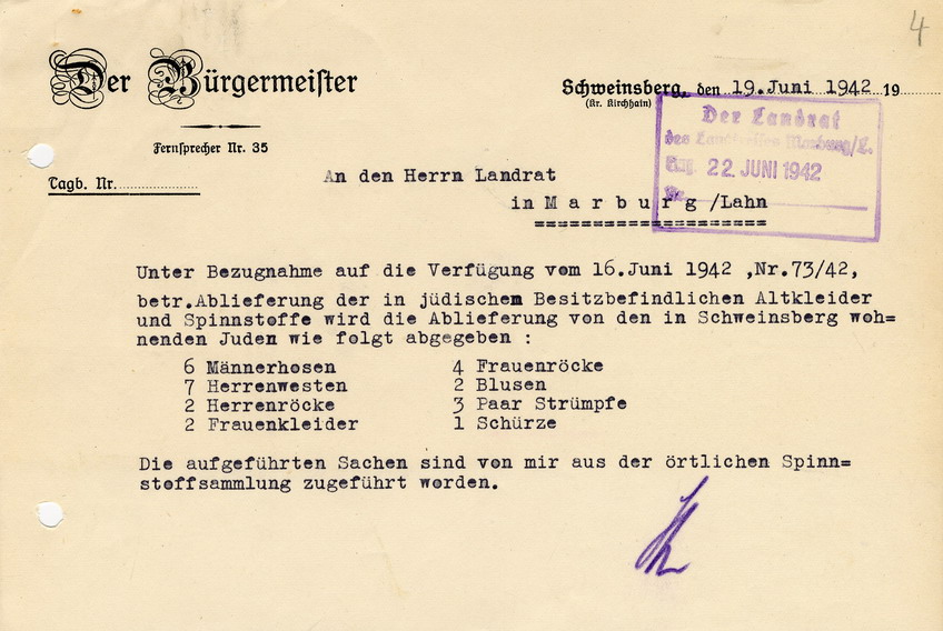 Bürgermeister von Schweinsberg an den Landrat in Marburg betreffend Spinnstoffsammlung der in Schweinsberg wohnenden Juden. Schweinsberg, 19. Juni 1942