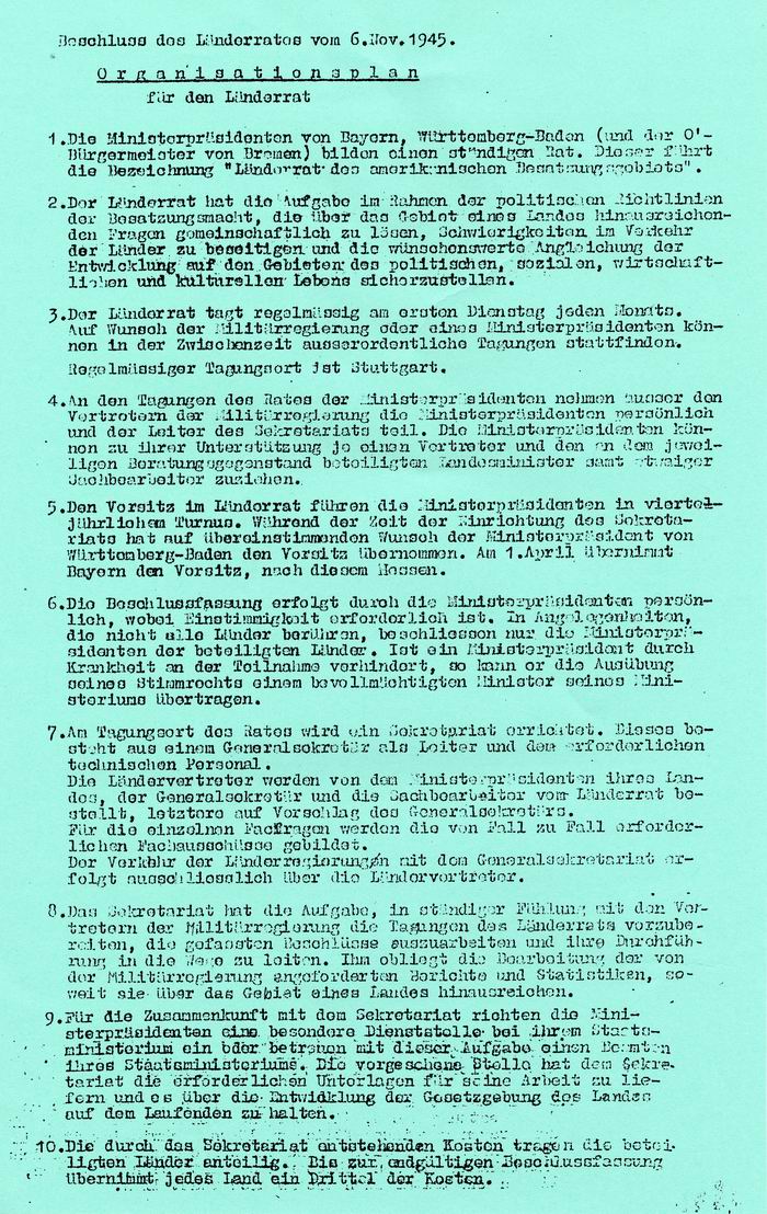 Bild zum Dokument Organisationsplan des Länderrates vom 6. November 1945
