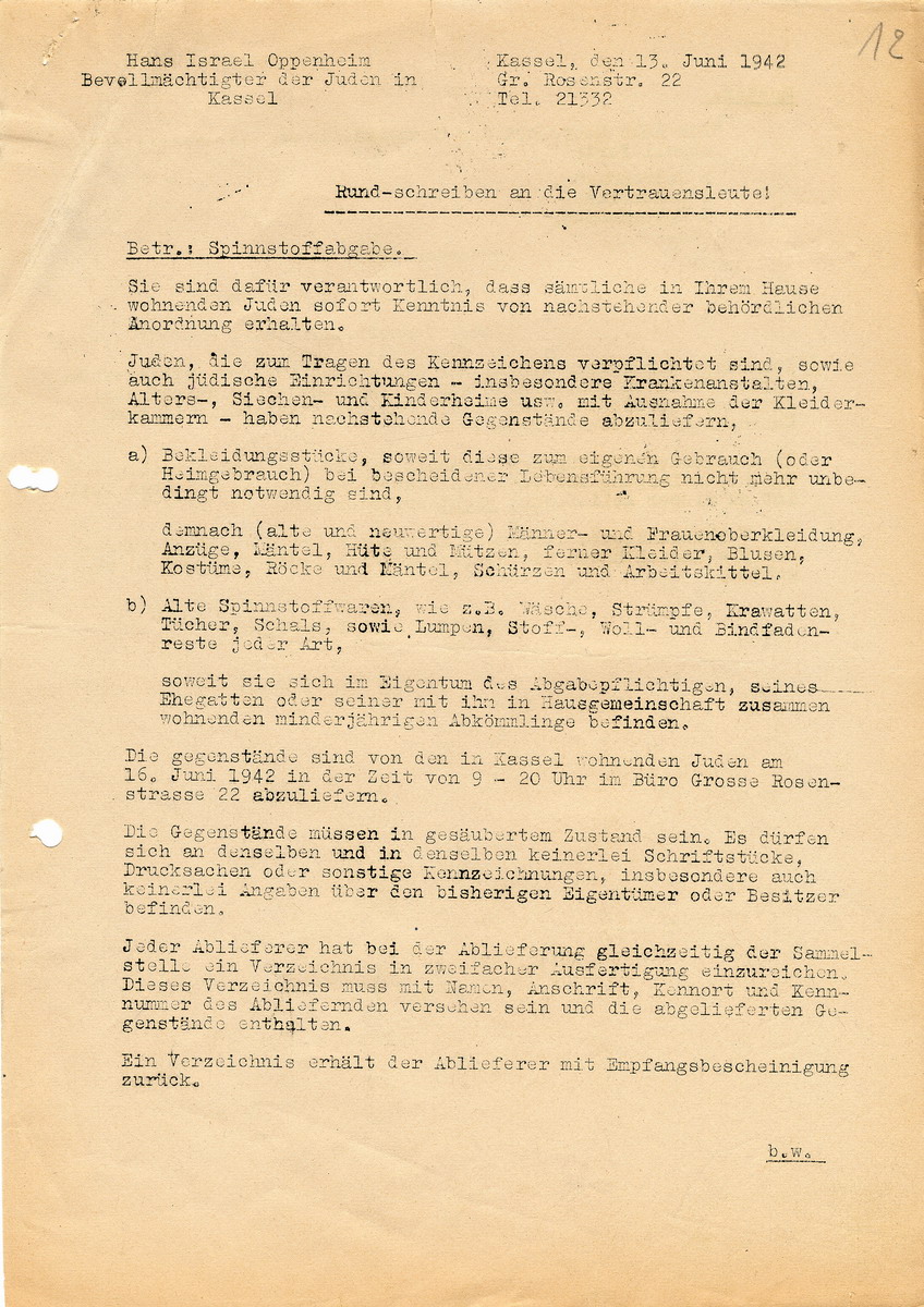 Behördliche Anordnung zwecks Konfiskation von (Alt-)Kleidung der jüdischen Bevölkerung. Rundschreiben an den Bevollmächtigten der Juden in Kassel, 13. Juni 1942