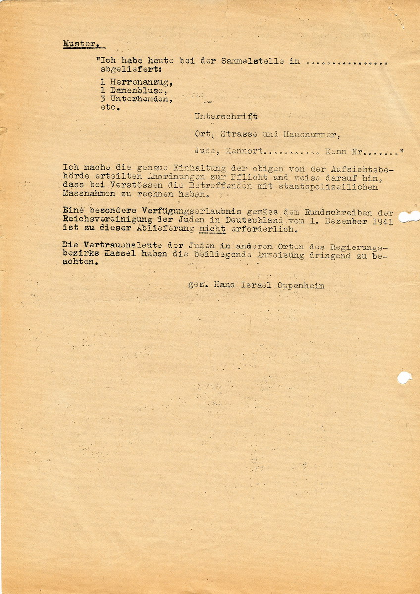 Behördliche Anordnung zwecks Konfiskation von (Alt-)Kleidung der jüdischen Bevölkerung. Rundschreiben an den Bevollmächtigten der Juden in Kassel, 13. Juni 1942