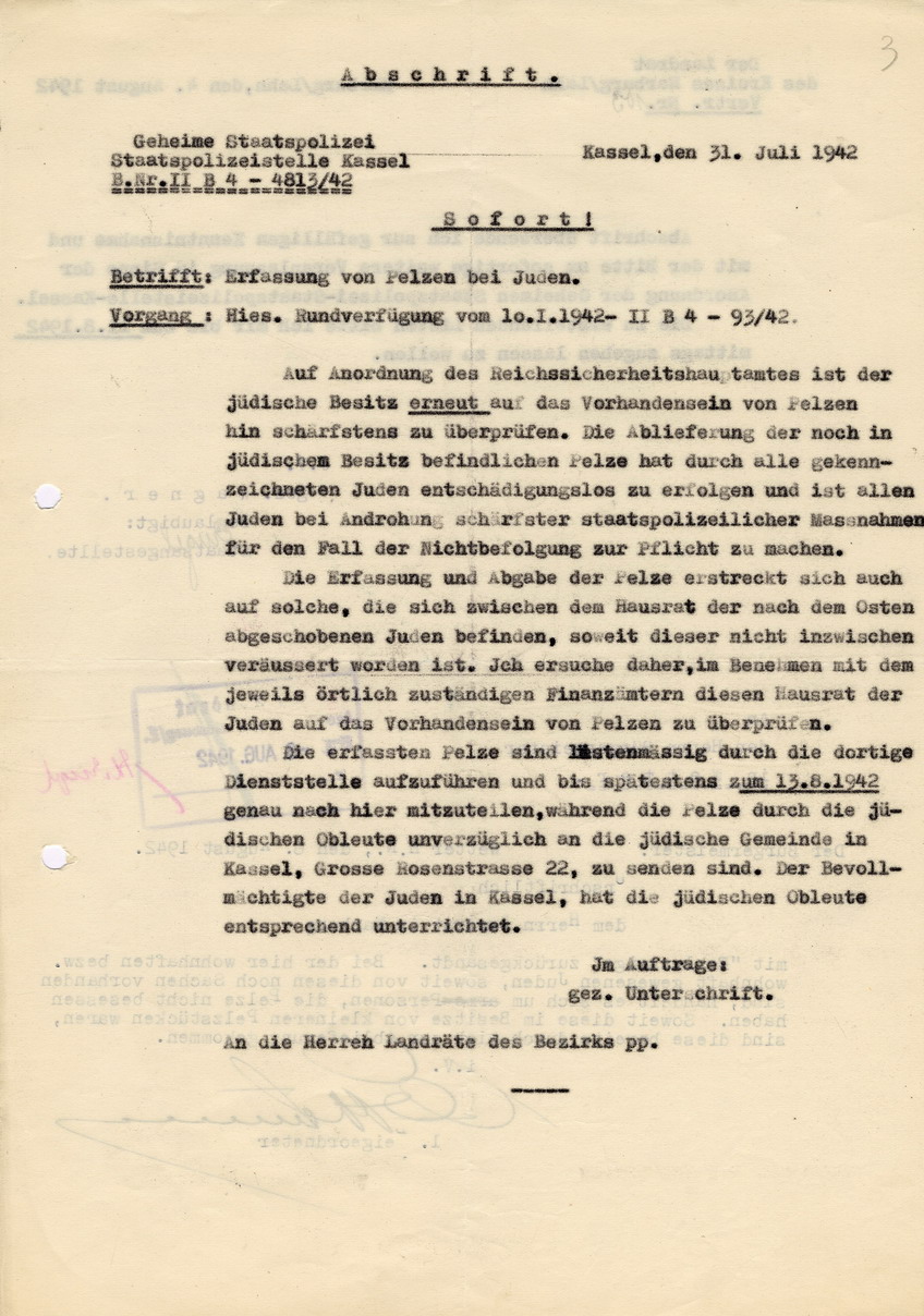 Behördliche Anordnung zwecks Konfiskation von (Alt-)Kleidung der jüdischen Bevölkerung. Rundschreiben an den Bevollmächtigten der Juden in Kassel, 13. Juni 1942