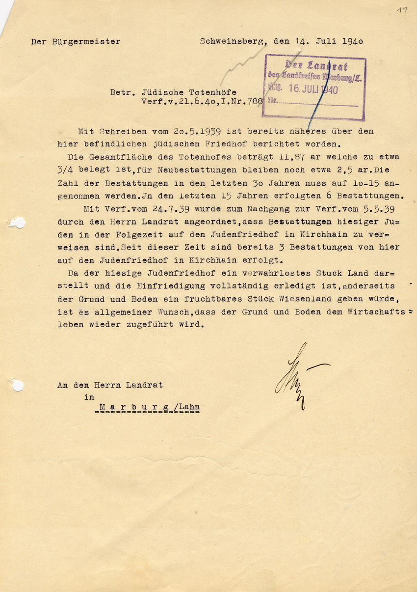 Antwortschreiben des Bürgermeister der Stadt Schweinsberg an den Landrat des LK Marburg betr. die Existenz und Verwendung des jüdischen Totenhofes in Schweinsberg, 14. Juli 1940