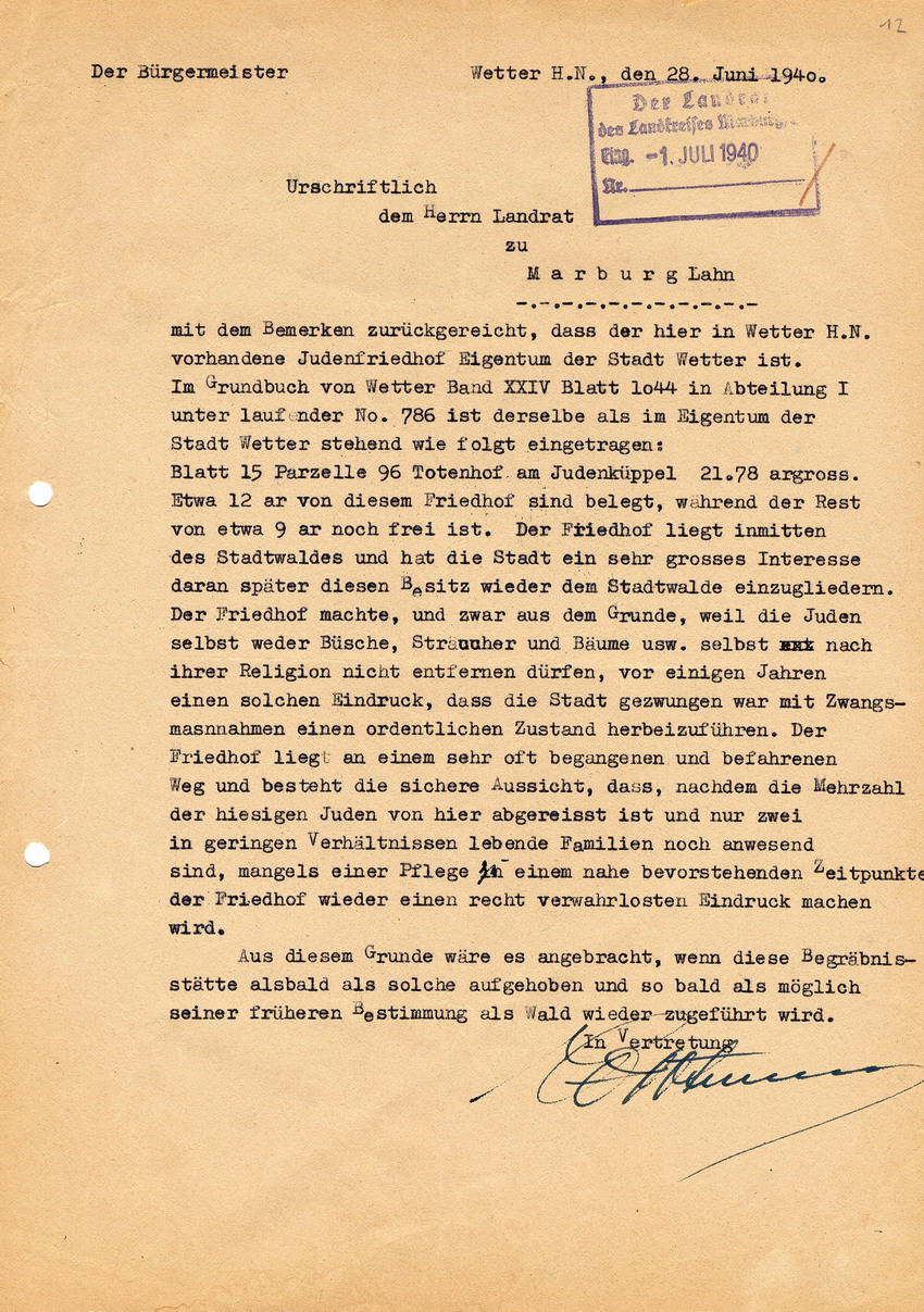 Antwortschreiben des Bürgermeister der Stadt Wetter an den Landrat des LK Marburg betr. die Existenz und Verwendung des jüdischen Totenhofes in Wetter, 28. Juni 1940