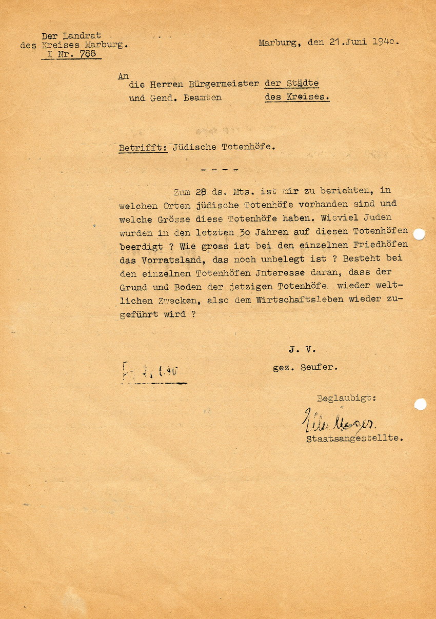 Antwortschreiben des Bürgermeister der Stadt Wetter an den Landrat des LK Marburg betr. die Existenz und Verwendung des jüdischen Totenhofes in Wetter, 28. Juni 1940