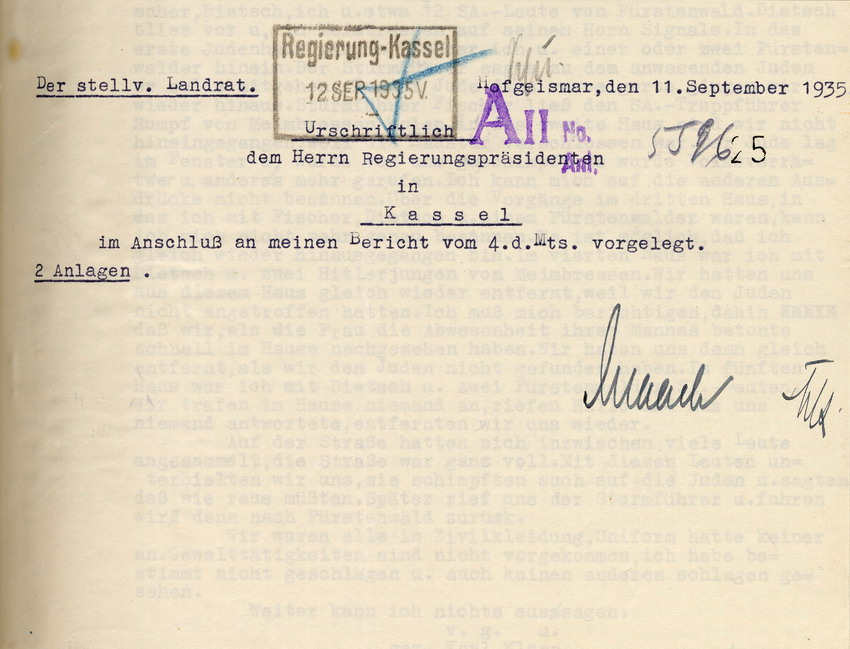 Zeugenaussage des SS-Mannes Karl Klapp betreffend die Übergriffe auf jüdische Bevölkerung in Meimbressen, seitens SA-Männern, als Anlage eines Berichtes des stellv. Landrats Hofgeismar an den Regierungspräsidenten in Kassel. Hofgeismar, 11. September 1935
