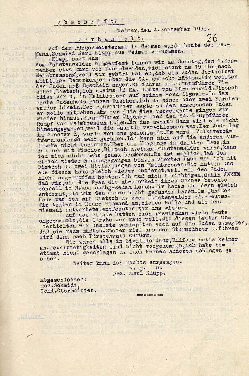 Zeugenaussage des SS-Mannes Karl Klapp betreffend die Übergriffe auf jüdische Bevölkerung in Meimbressen, seitens SA-Männern, als Anlage eines Berichtes des stellv. Landrats Hofgeismar an den Regierungspräsidenten in Kassel. Hofgeismar, 11. September 1935