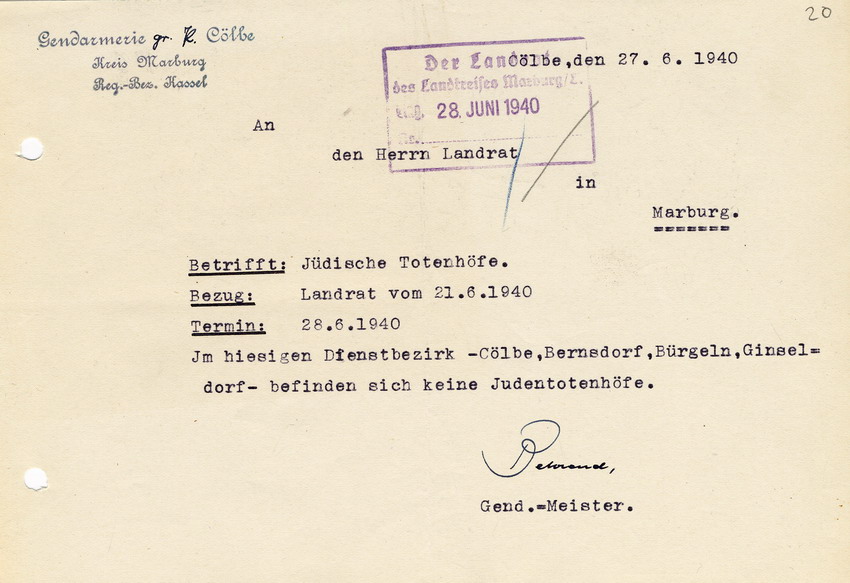 Antwortschreiben der Gendarmeriestelle in Cölbe an den Landrat des LK Marburg betr. die  Nichtexistenz jüdischer Totenhöfe in den Bezirken Cölbe, Bernsdorf, Bürgeln und Ginseldorf, 27. Juni 1940