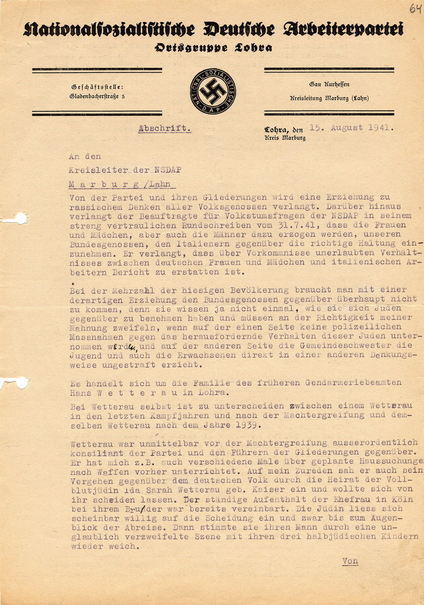 Nationalsozialistische Deutsche Arbeiterpartei, Ortsgruppe Lohen an den Kreisleiter der NSDAP betreffend deutsch-jüdische Mischehe Hans Wetteraus mit der "Vollblutjüdin" Ida Sara(h) Wetterau, geb. Kaiser. Lohra, 15. August 1941