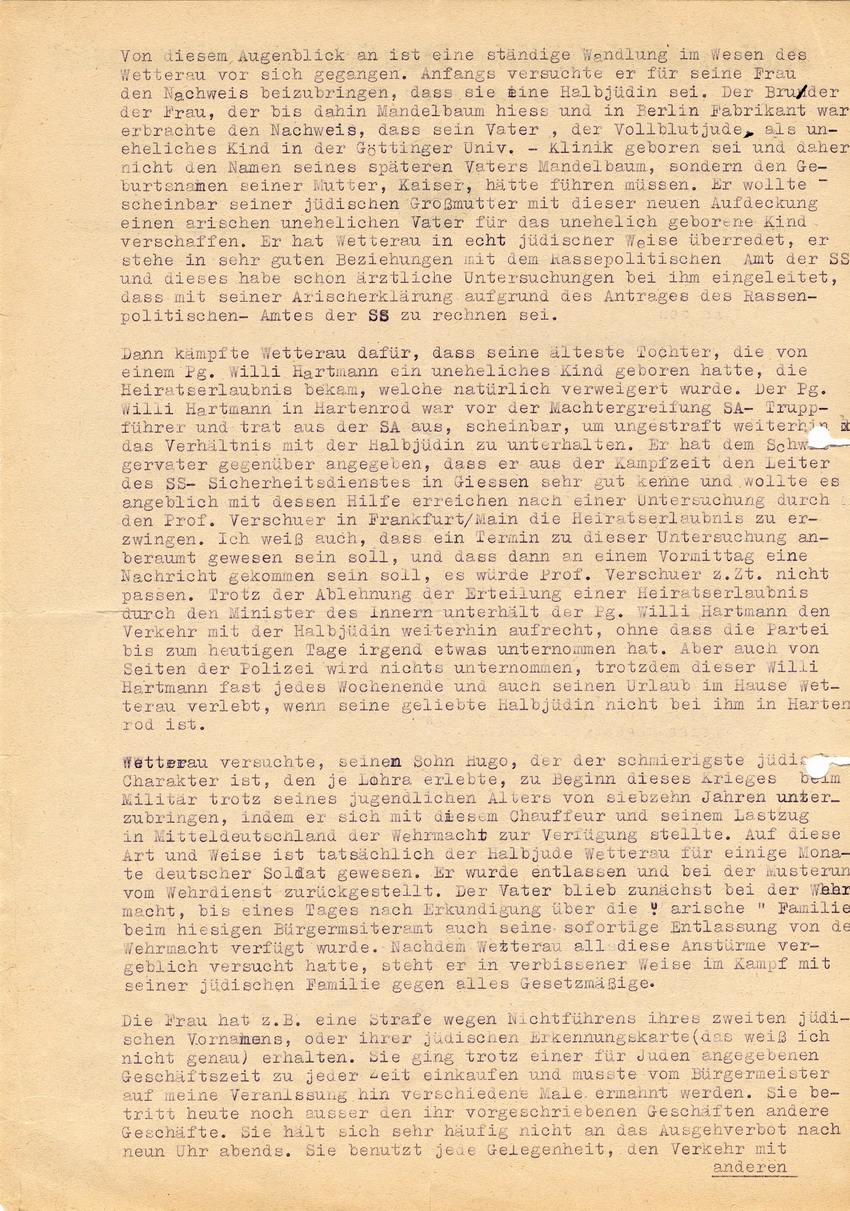 Nationalsozialistische Deutsche Arbeiterpartei, Ortsgruppe Lohen an den Kreisleiter der NSDAP betreffend deutsch-jüdische Mischehe Hans Wetteraus mit der "Vollblutjüdin" Ida Sara(h) Wetterau, geb. Kaiser. Lohra, 15. August 1941