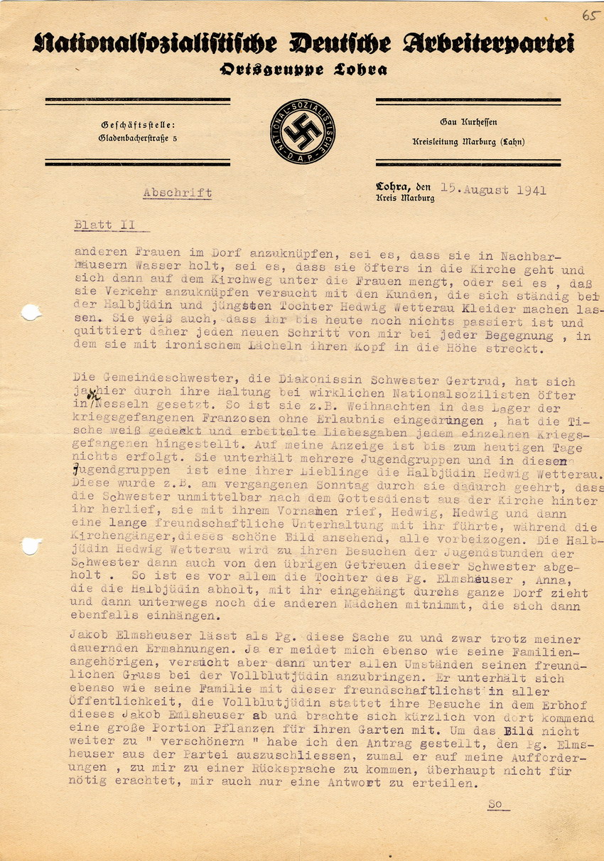 Nationalsozialistische Deutsche Arbeiterpartei, Ortsgruppe Lohen an den Kreisleiter der NSDAP betreffend deutsch-jüdische Mischehe Hans Wetteraus mit der "Vollblutjüdin" Ida Sara(h) Wetterau, geb. Kaiser. Lohra, 15. August 1941