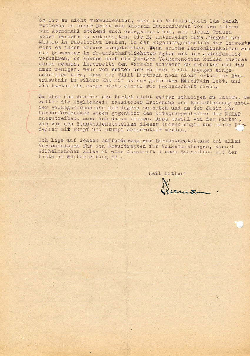 Nationalsozialistische Deutsche Arbeiterpartei, Ortsgruppe Lohen an den Kreisleiter der NSDAP betreffend deutsch-jüdische Mischehe Hans Wetteraus mit der "Vollblutjüdin" Ida Sara(h) Wetterau, geb. Kaiser. Lohra, 15. August 1941