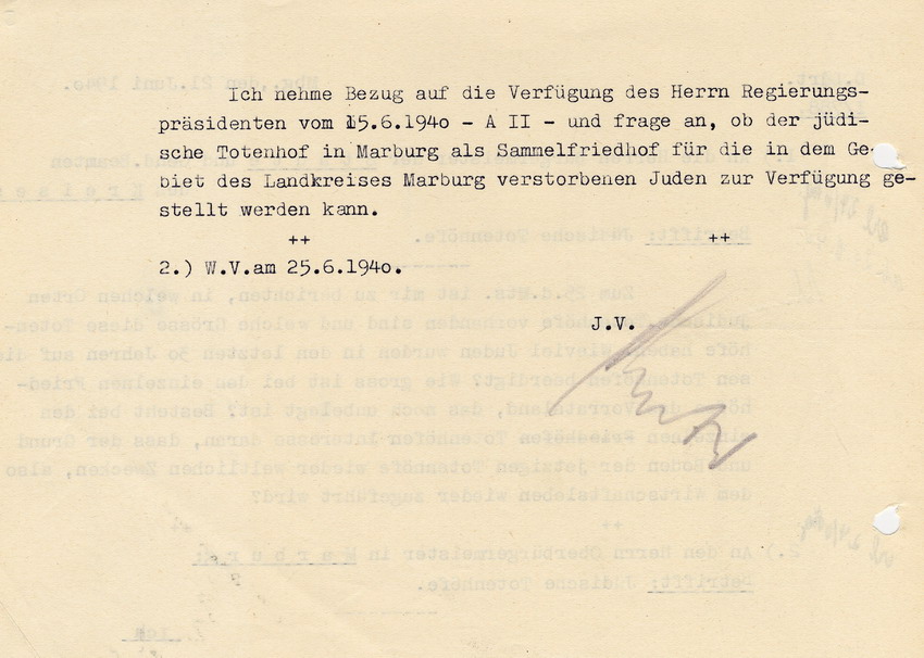 Der Landrat des Kreises Marburg an die Bürgermeister der Städte und die Gendarmeriebeamten des Kreises Marburg betr. die Erfassung und Verwendung jüdischer Totenhöfe, 21. Juni 1940