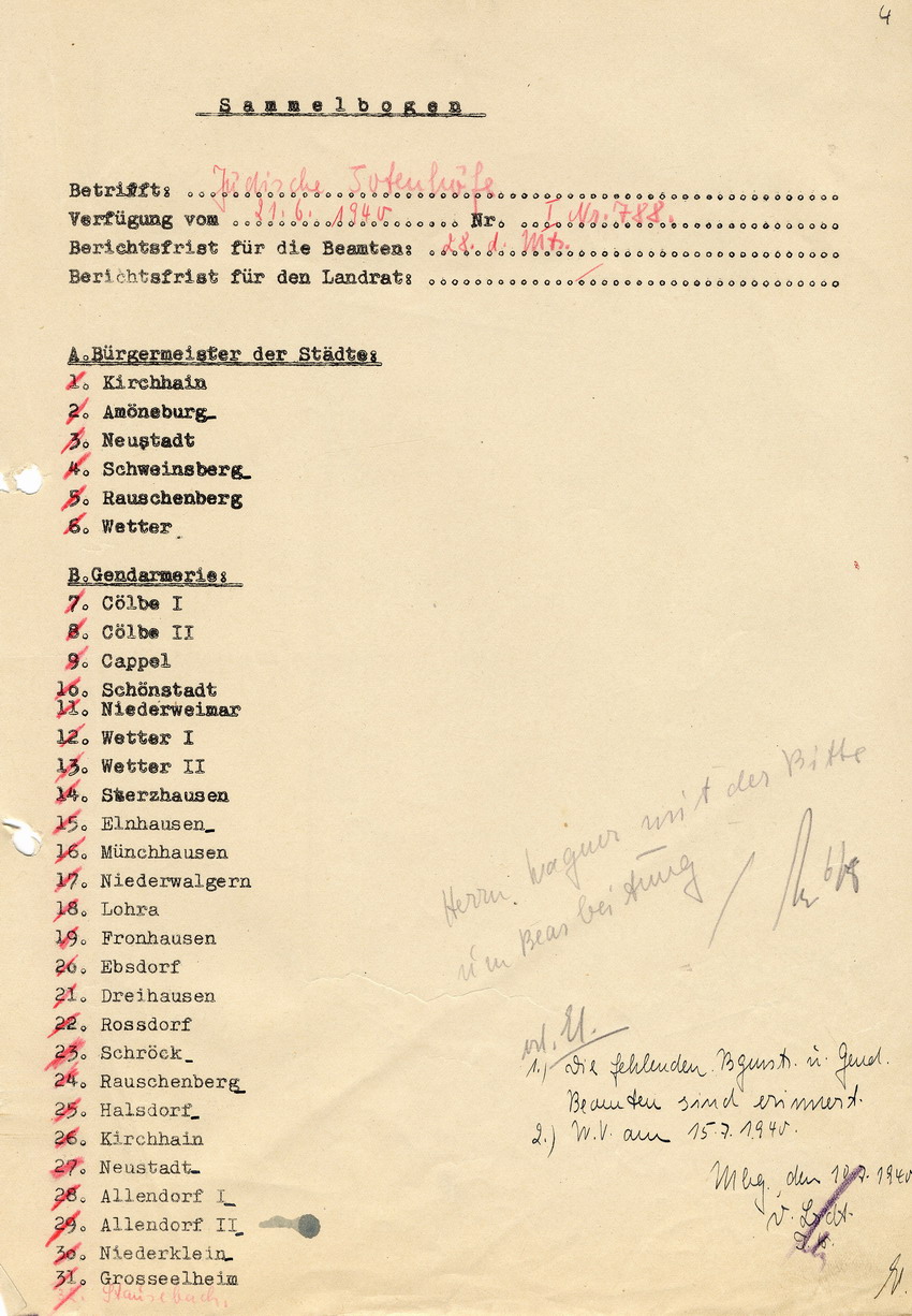 Der Landrat des Kreises Marburg an die Bürgermeister der Städte und die Gendarmeriebeamten des Kreises Marburg betr. die Erfassung und Verwendung jüdischer Totenhöfe, 21. Juni 1940