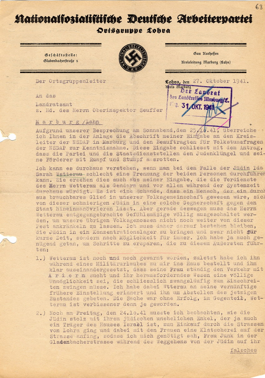 Nationalsozialistische Deutsche Arbeiterpartei, Ortsgruppe Lohen an das Landratsamt Marburg betreffend die Mischehe Wetteraus, Lohra 27. Oktober 1941