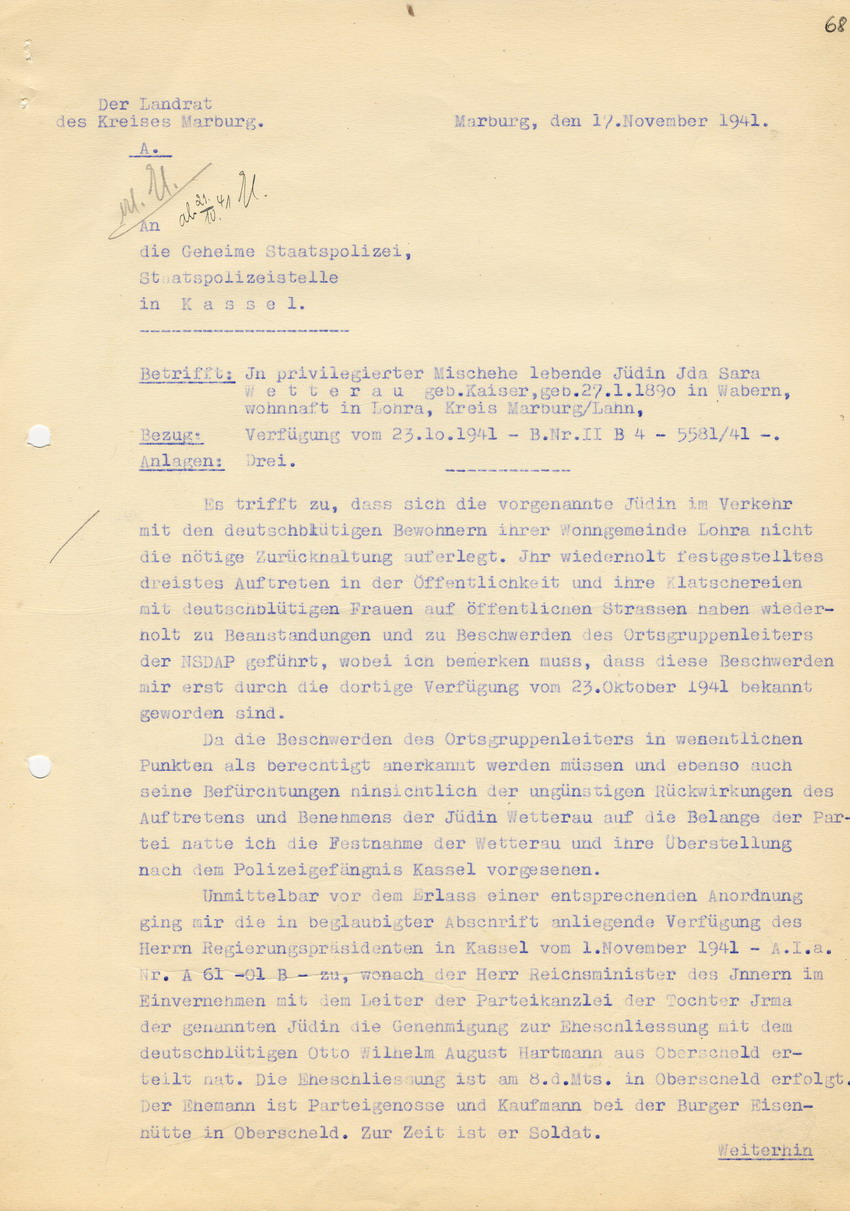 Landrat des Kreises Marburg an die Geheime Staatspolizei in Kassel betreffend die Mischehe Hans Wetteraus mit Ida Sara Wetterau. Marburg, 17. November 1941