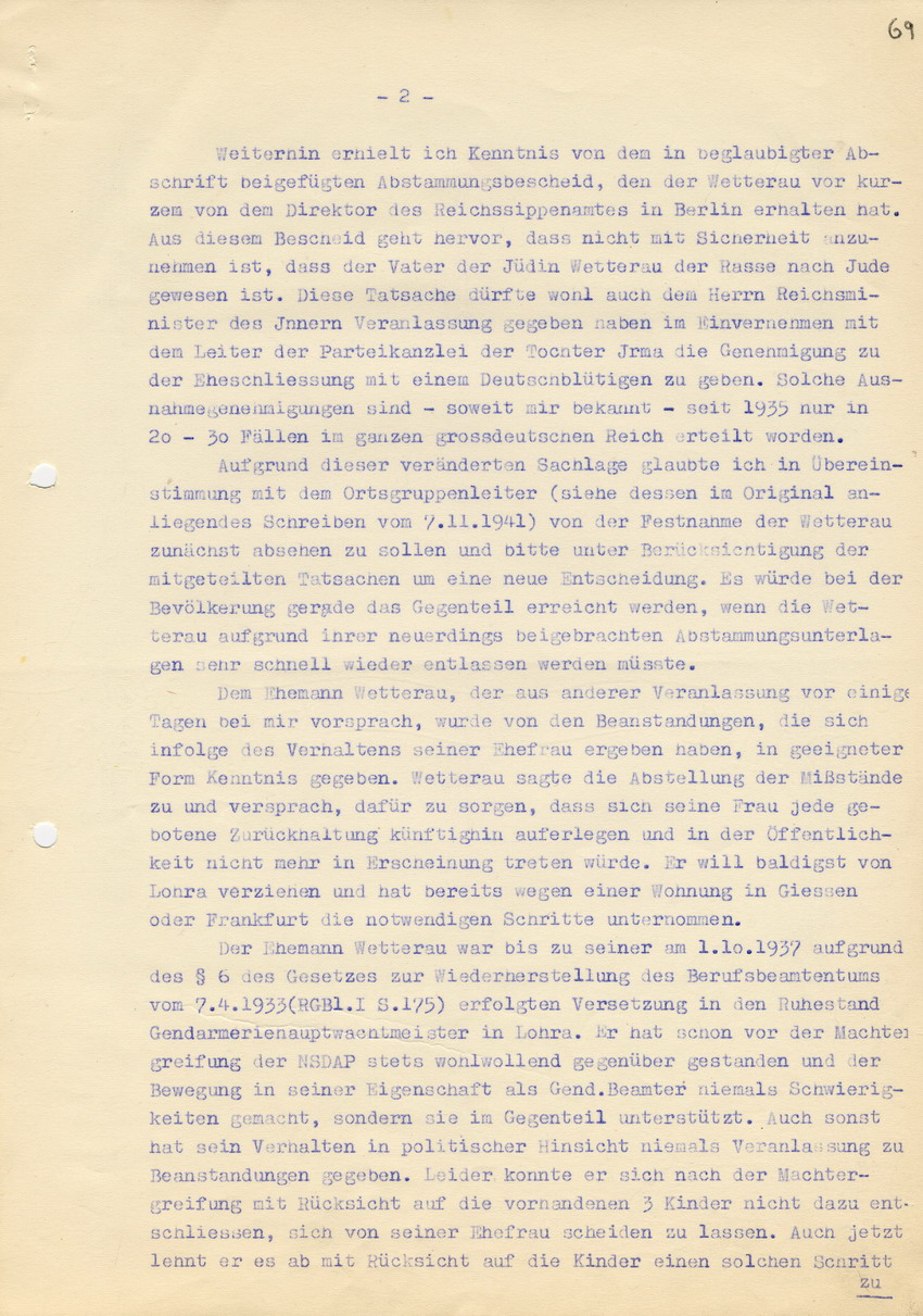Landrat des Kreises Marburg an die Geheime Staatspolizei in Kassel betreffend die Mischehe Hans Wetteraus mit Ida Sara Wetterau. Marburg, 17. November 1941
