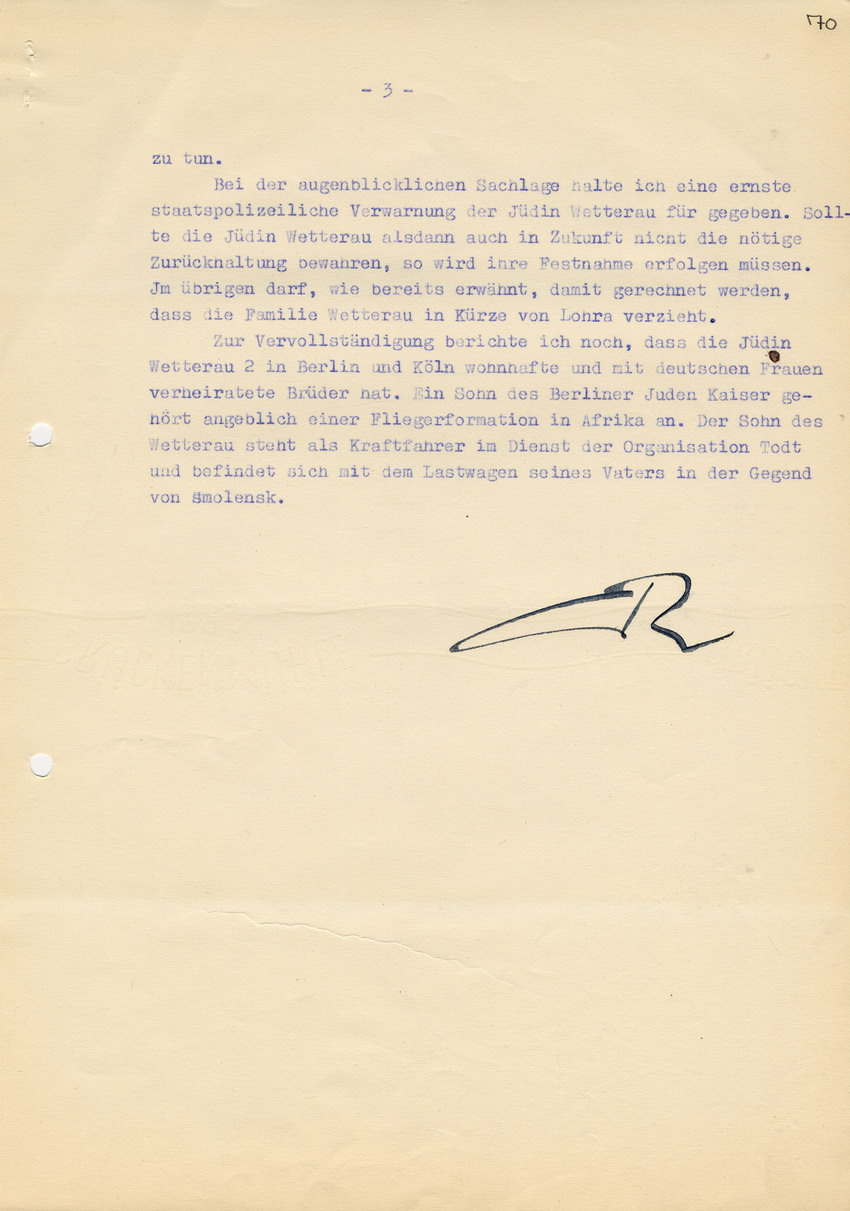 Landrat des Kreises Marburg an die Geheime Staatspolizei in Kassel betreffend die Mischehe Hans Wetteraus mit Ida Sara Wetterau. Marburg, 17. November 1941