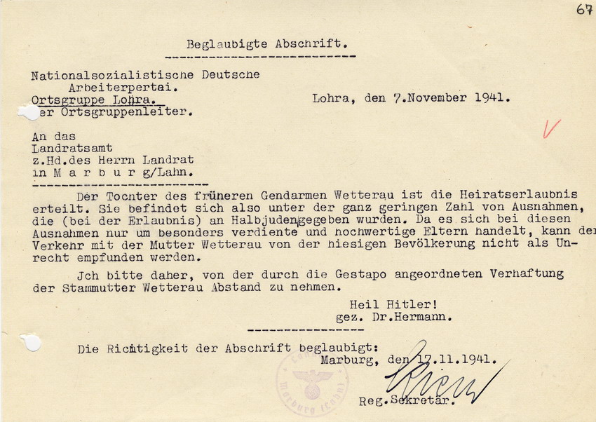 Landrat des Kreises Marburg an die Geheime Staatspolizei in Kassel betreffend die Mischehe Hans Wetteraus mit Ida Sara Wetterau. Marburg, 17. November 1941