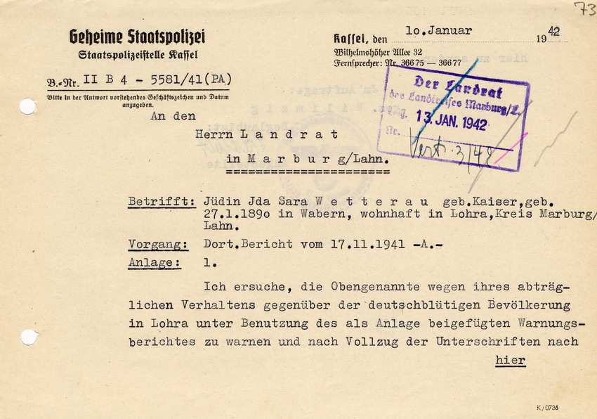 Geheime Staatspolizei, Staatspolizeistelle Kassel an Landrat Marburg betreffend die Verwarnung Ida Sara Wetteraus. Kassel, 10. Januar 1942