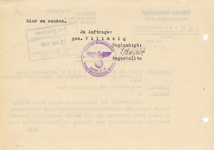 Geheime Staatspolizei, Staatspolizeistelle Kassel an Landrat Marburg betreffend die Verwarnung Ida Sara Wetteraus. Kassel, 10. Januar 1942