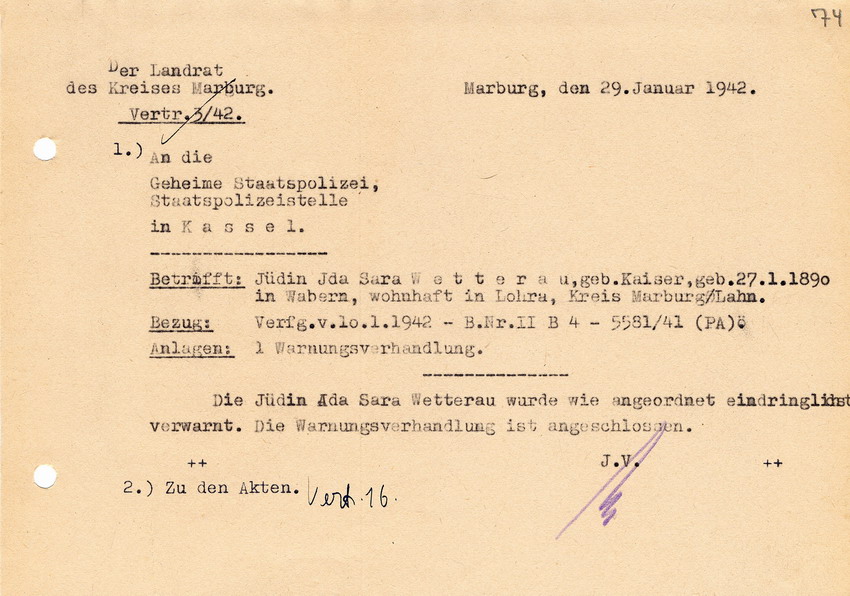 Geheime Staatspolizei, Staatspolizeistelle Kassel an Landrat Marburg betreffend die Verwarnung Ida Sara Wetteraus. Kassel, 10. Januar 1942