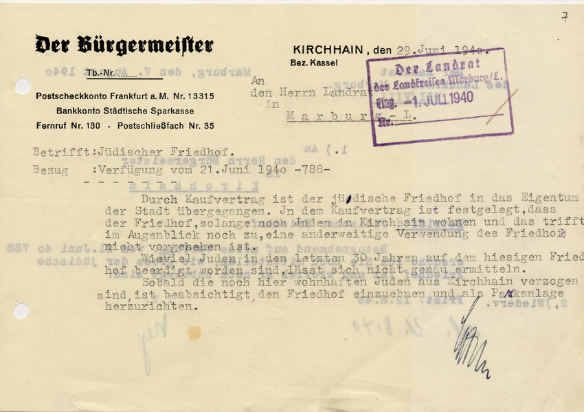 Antwortschreiben des Bürgermeister der Stadt Kirchain an den Landrat des LK Marburg betr. die Existenz und Verwendung des jüdischen Totenhofes in Kirchhain, 29. Juni 1940