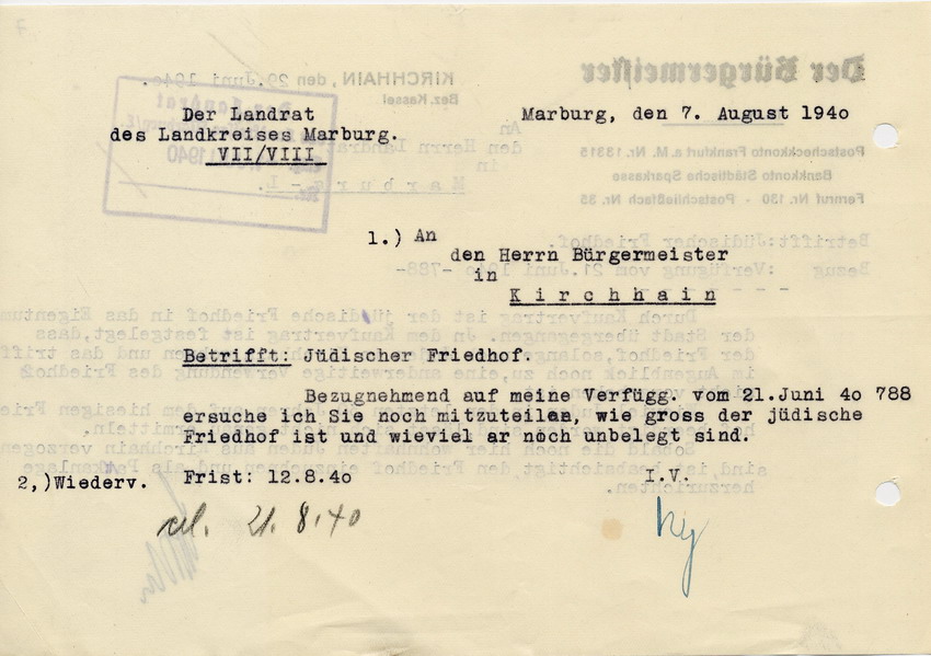 Antwortschreiben des Bürgermeister der Stadt Kirchain an den Landrat des LK Marburg betr. die Existenz und Verwendung des jüdischen Totenhofes in Kirchhain, 29. Juni 1940