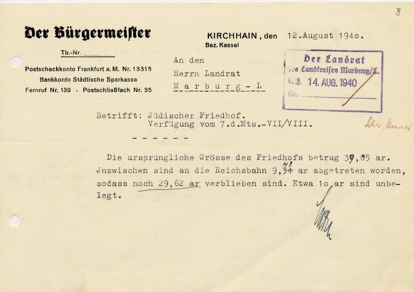 Antwortschreiben des Bürgermeister der Stadt Kirchain an den Landrat des LK Marburg betr. die Existenz und Verwendung des jüdischen Totenhofes in Kirchhain, 29. Juni 1940