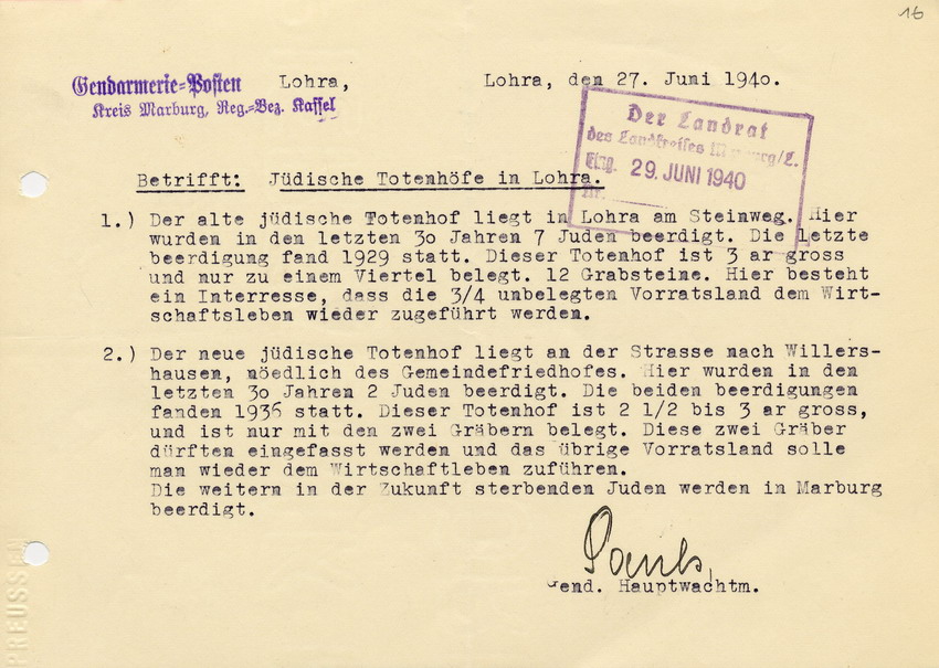 Antwortschreiben des Gendarmerie - Posten in Lohra an den Landrat des LK Marburg betr. die Existenz und Verwendung der jüdischen Totenhöfe in Lohra, 27. Juni 1940