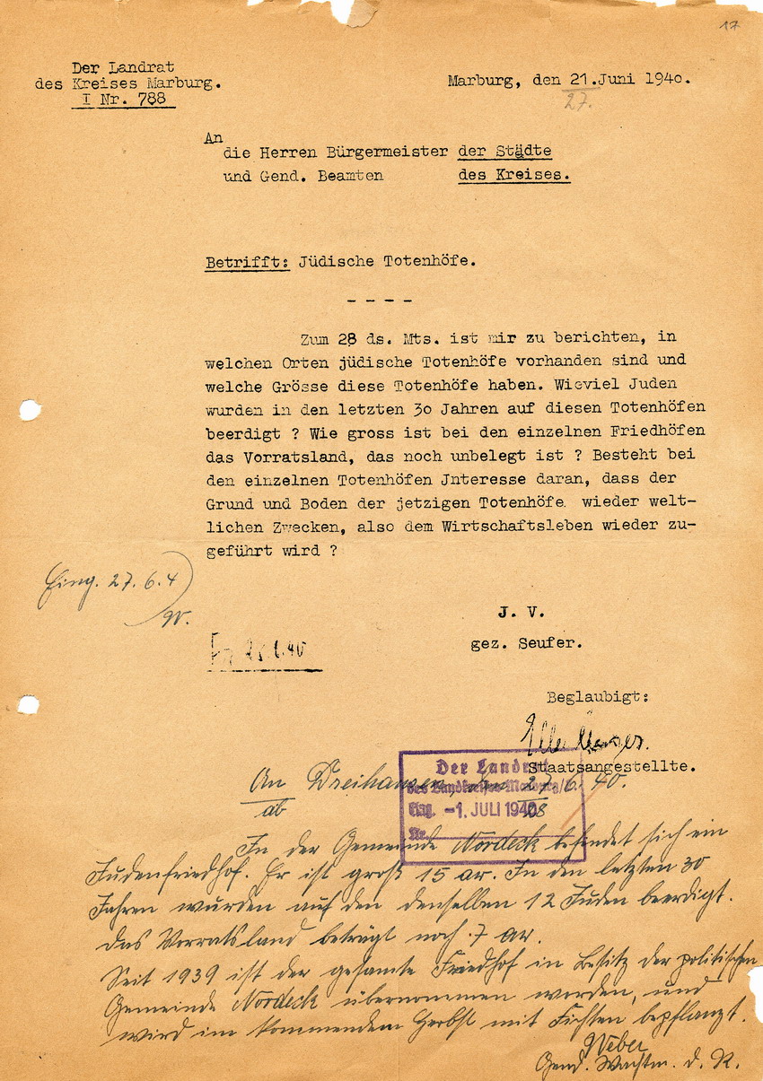 Antwortschreiben des Gendarmerie - Posten in Dreihausen an den Landrat des LK Marburg betr. die Existenz und Verwendung des jüdischen Friedhofes in Nordeck, 27. Juni 1940