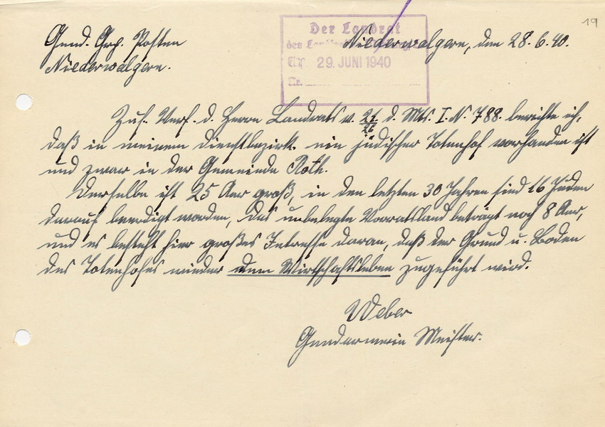 Antwortschreiben des Gendarmerie - Einzelposten in Niederwalgern an den Landrat des LK Marburg betr. die Existenz und Verwendung des jüdischen Totenhofes in Roth, 28. Juni 1940
