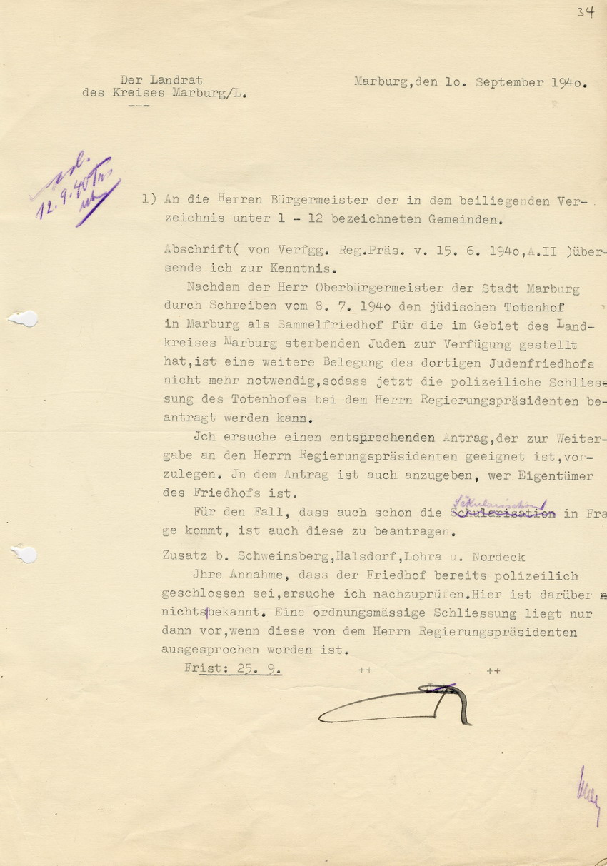 Schreiben des Landrates des Kreises Marburg an die Bürgermeister des LK betr. die Beantragung der Schließung und Säkularisation der jeweiligen jüdischen Totenhöfe beim Reg. - Präs., 10. September 1940