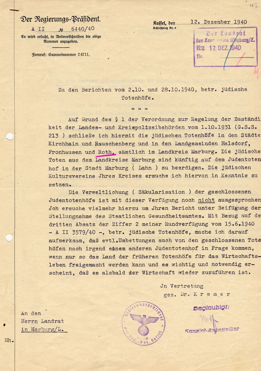 Schreiben des Regierungspräsidenten in Kassel an den Landrat in Marburg betreffend die endgültige Schließung und Säkularisation der Totenhöfe in Kirchhain, Rauschenberg, Halsdorf, Fronhausen und Roth, 12. Dezember 1940