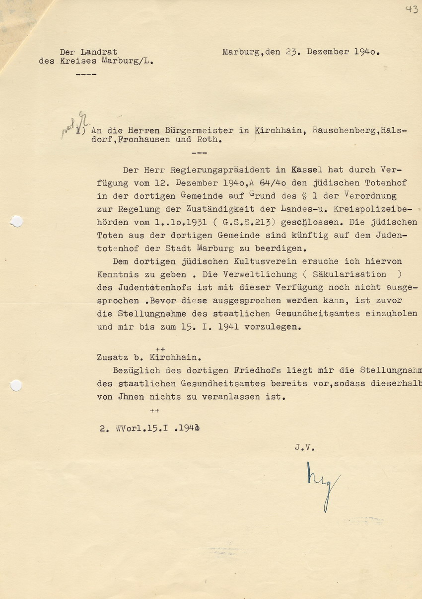 Schreiben des Regierungspräsidenten in Kassel an den Landrat in Marburg betreffend die endgültige Schließung und Säkularisation der Totenhöfe in Kirchhain, Rauschenberg, Halsdorf, Fronhausen und Roth, 12. Dezember 1940