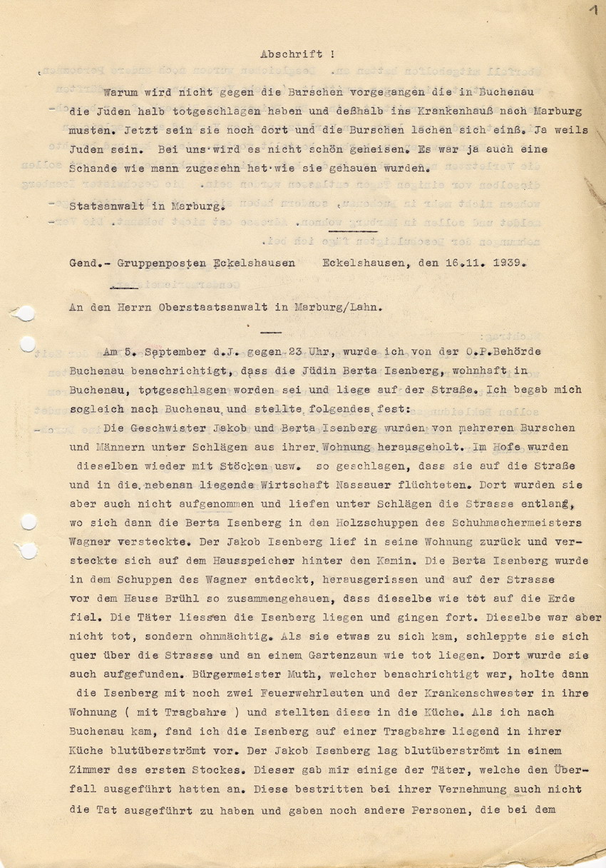 Gendarmerie-Gruppenposten Eckelshausen an den Oberstaaatsanwalt in Marburg betreffend gewaltsame Übergriffe, sowie Diebstahl an den jüdischen Geschwistern Berta und Jakob Isenberg in Buchenau am 05. September 1939. Eckelshausen, 16. November 1939
