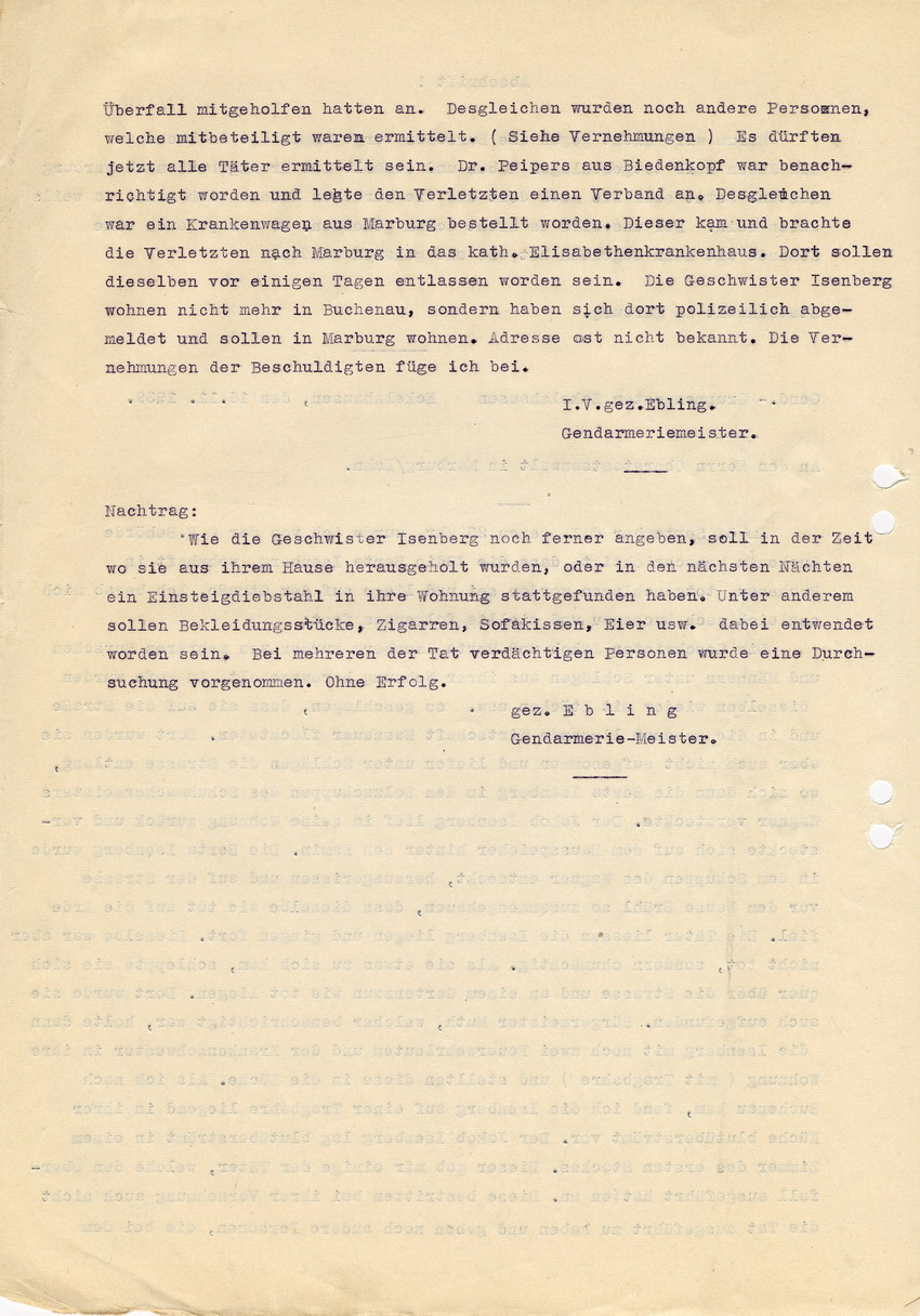 Gendarmerie-Gruppenposten Eckelshausen an den Oberstaaatsanwalt in Marburg betreffend gewaltsame Übergriffe, sowie Diebstahl an den jüdischen Geschwistern Berta und Jakob Isenberg in Buchenau am 05. September 1939. Eckelshausen, 16. November 1939