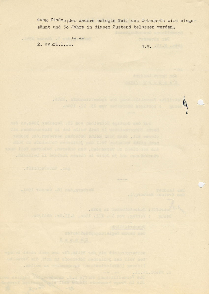 Schreiben des Landrates des Kreises Marburg an den Regierungspräsidenten in Kassel mit der Stellungnahme des Staatlichen Gesundheitsamtes zur wirtschaftlichen Verwendung des Totenhofes in Roth, 16. Januar 1941