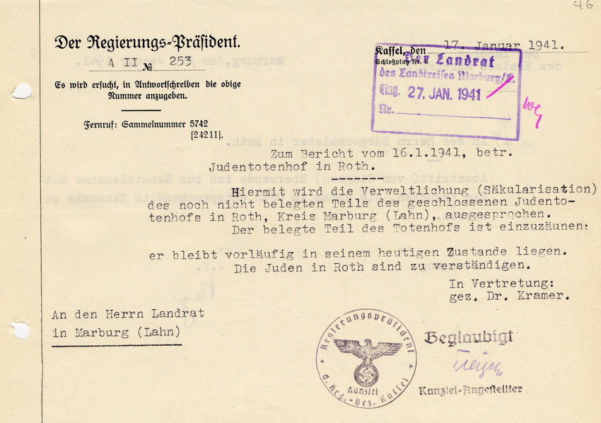 Schreiben des Regierungspräsidenten in Kassel an den Landrat in Marburg betr. die Freigabe des Totenhofes in Roth für wirtschaftliche Zwecke, 17. Januar 1941