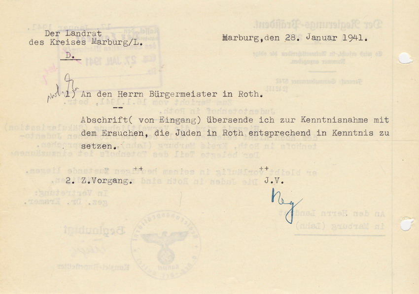 Schreiben des Regierungspräsidenten in Kassel an den Landrat in Marburg betr. die Freigabe des Totenhofes in Roth für wirtschaftliche Zwecke, 17. Januar 1941