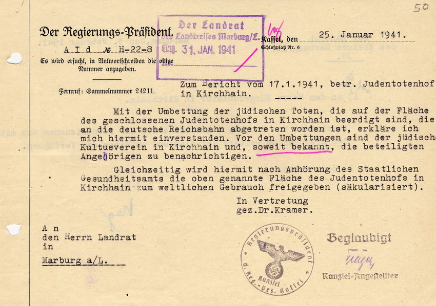 Schreiben des Regierungspräsidenten in Kassel an den Landrat in Marburg betr. die Säkularisation und Erlaubnis zur Umbettung jüdischer Toten auf dem Totenhof in Kirchhain, 25. Januar 1941