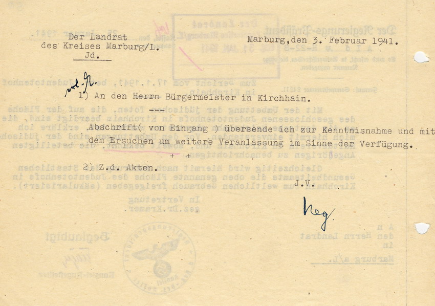 Schreiben des Regierungspräsidenten in Kassel an den Landrat in Marburg betr. die Säkularisation und Erlaubnis zur Umbettung jüdischer Toten auf dem Totenhof in Kirchhain, 25. Januar 1941