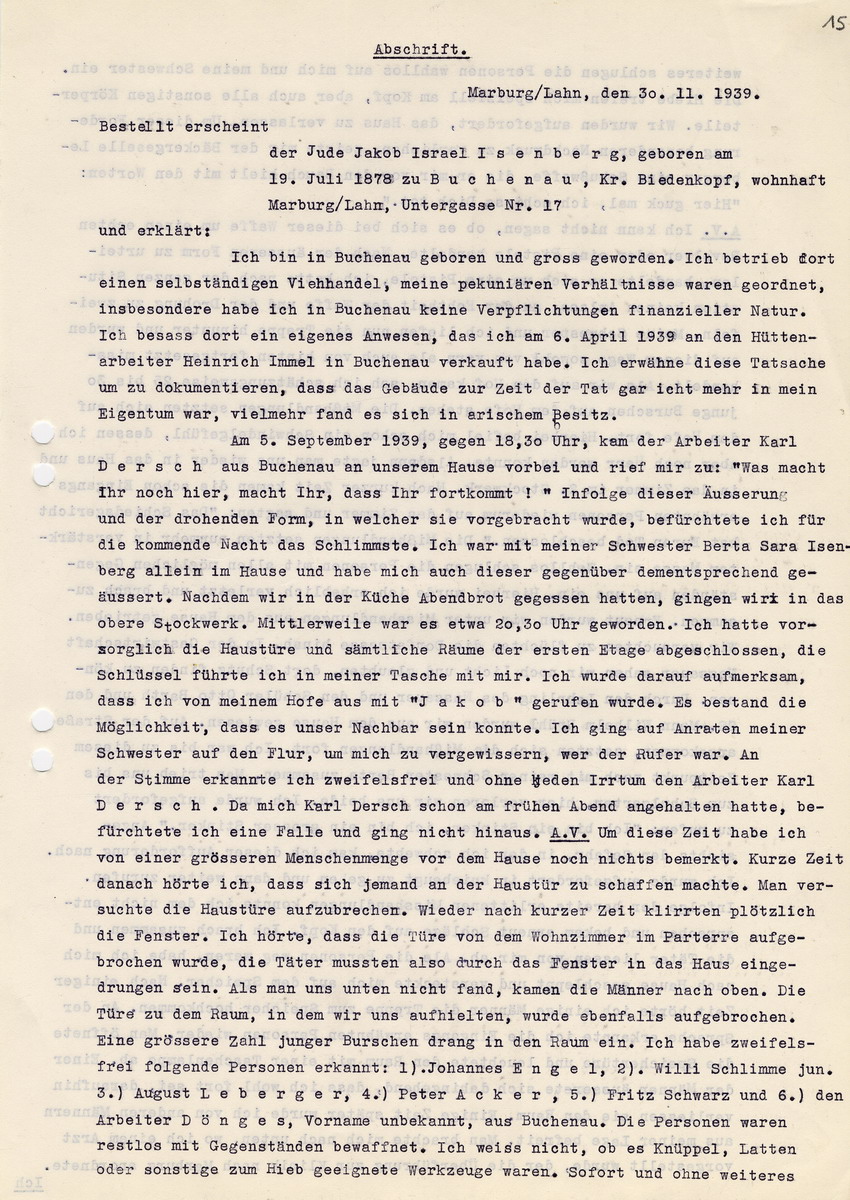 Ortspolizeibehörde Marburg - Kriminalabteilung  an den Herrn Oberstaatsanwalt in Kassel betreffend die Straftat gegen die jüdischen Geschwister Isenberg in Buchenau. Zeugenaussage des Jakob Isenberg. Marburg, 30. November 1939