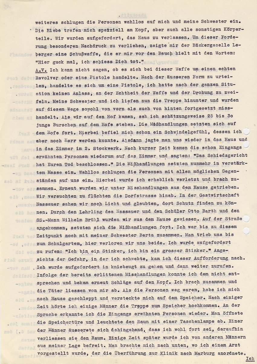 Ortspolizeibehörde Marburg - Kriminalabteilung  an den Herrn Oberstaatsanwalt in Kassel betreffend die Straftat gegen die jüdischen Geschwister Isenberg in Buchenau. Zeugenaussage des Jakob Isenberg. Marburg, 30. November 1939